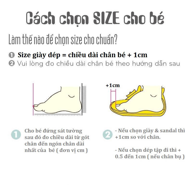 hd chọn sizegiày dép cho bé chuẩn  + 1cm